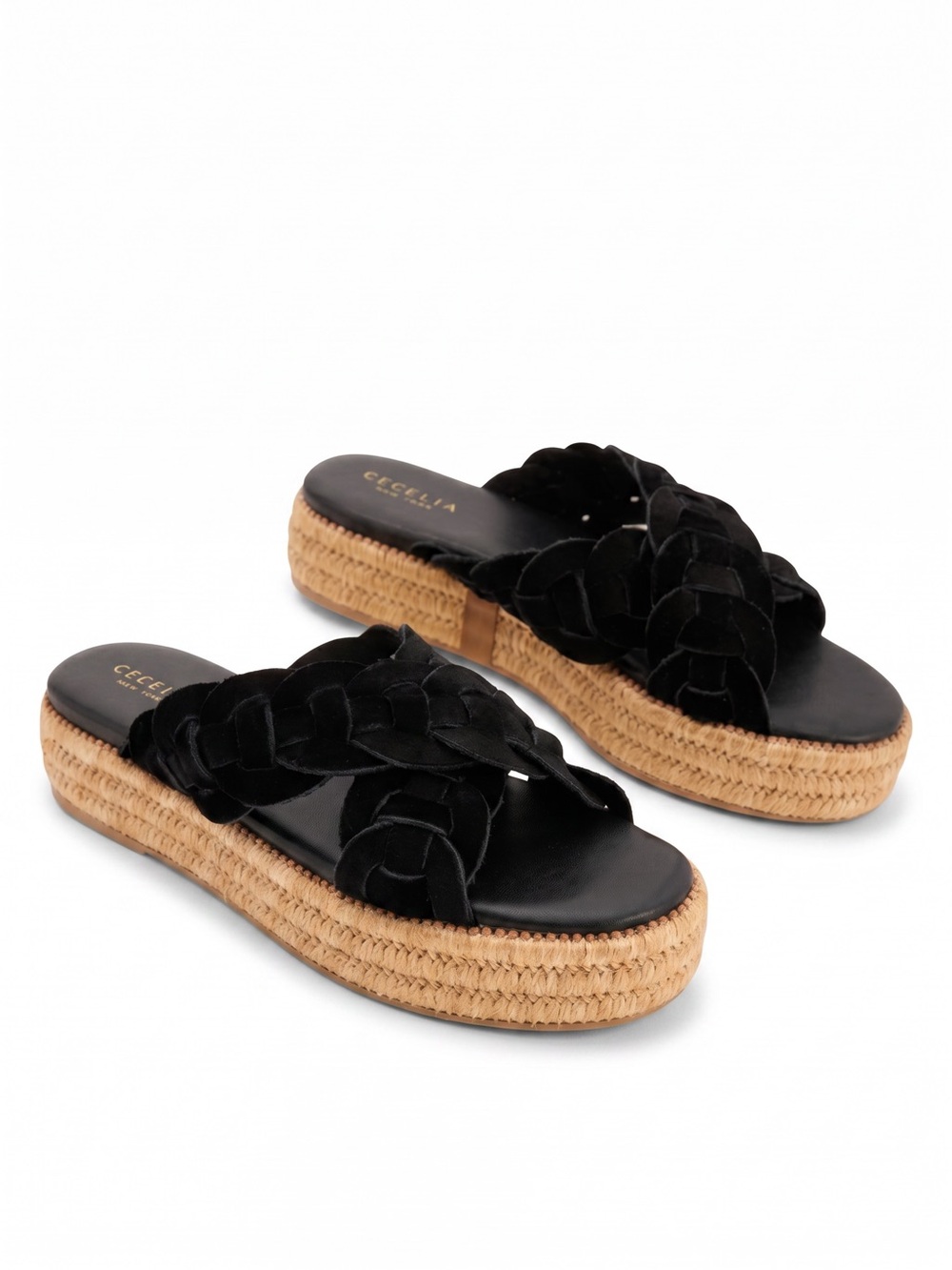 Cecelia New York Grace Black Suede Braided Leather Raffia Slides NIB Size 7M